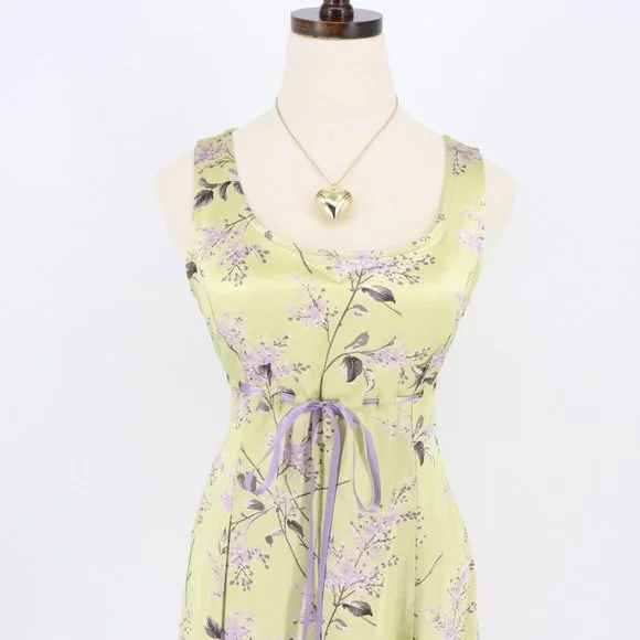 SOLD - Vintage Betsey Johnson Green & Purple Ribbon Floral Mini Dress - Picture 2 of 10